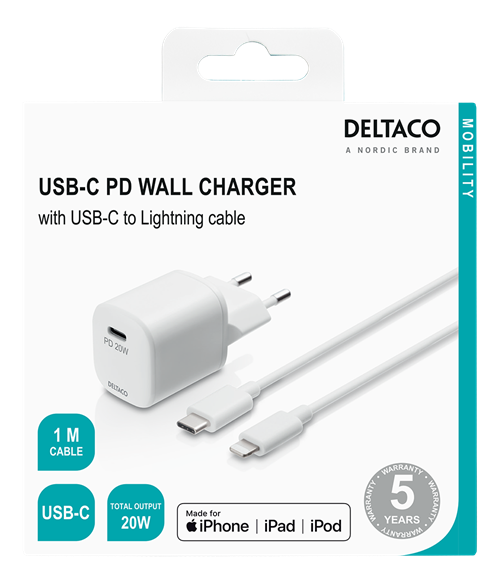 Deltaco USB-C PD wall charger with 1 m detachable USB-C to lightning cable, white