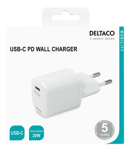 Deltaco USB-C PD wall charger, 20 W, white