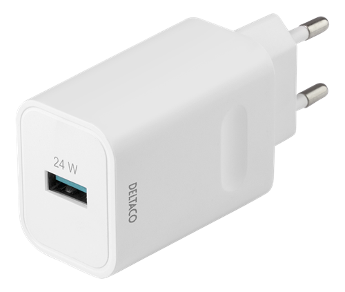 Deltaco USB-A wall charger with fast charging 24W, white
