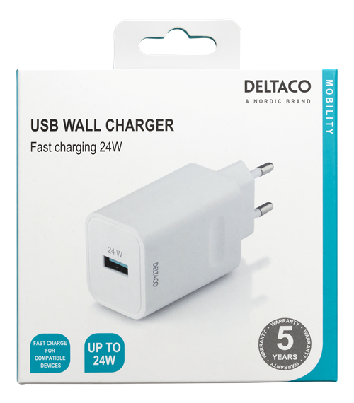 Deltaco USB-A wall charger with fast charging 24W, white