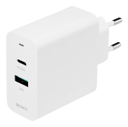 Deltaco USB wall charger with dual ports and PD, 1x USB-A, 1x USB-C, PD, 36W, white