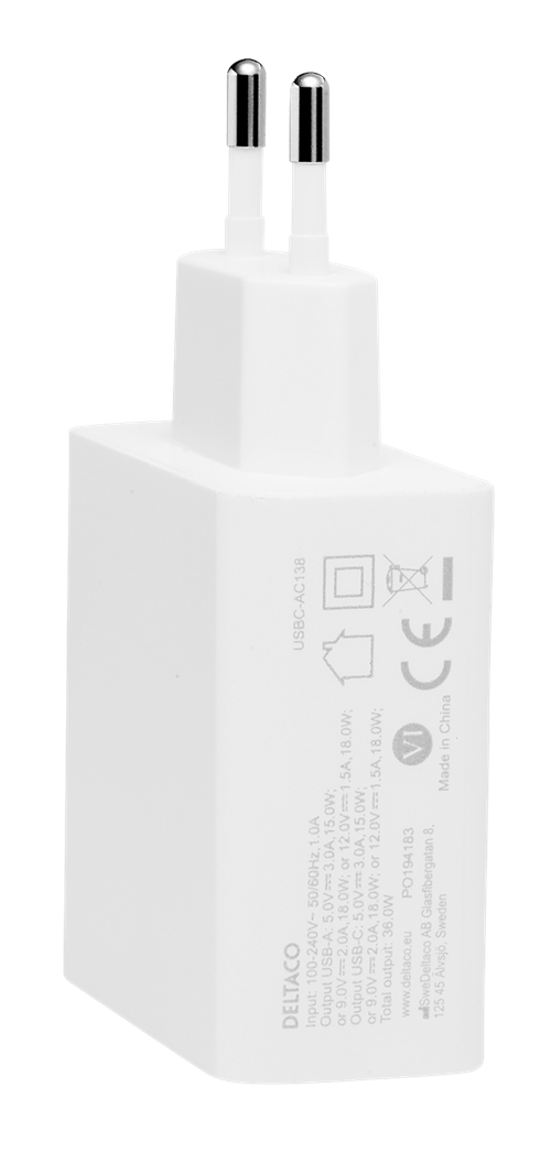 Deltaco USB wall charger with dual ports and PD, 1x USB-A, 1x USB-C, PD, 36W, white