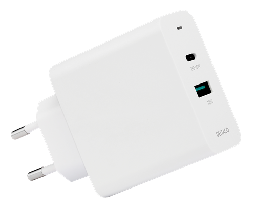 Deltaco USB wall charger with dual ports and PD, 1x USB-A, 1x USB-C, PD, 36W, white