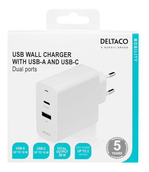 Deltaco USB wall charger with dual ports and PD, 1x USB-A, 1x USB-C, PD, 36W, white