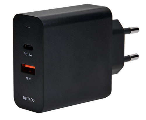 Deltaco USB wall charger with dual ports and PD, 1x USB-A, 1x USB-C, PD, 36W, black