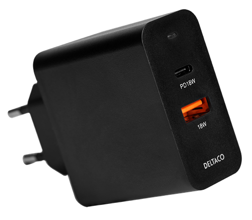 Deltaco USB wall charger with dual ports and PD, 1x USB-A, 1x USB-C, PD, 36W, black