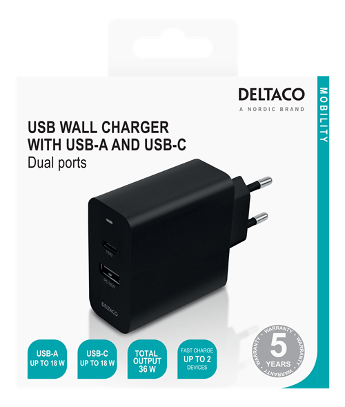 Deltaco USB wall charger with dual ports and PD, 1x USB-A, 1x USB-C, PD, 36W, black