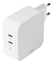Deltaco USB-C wall charger with dual USB-C ports PD and GaN technology, 100 W, white