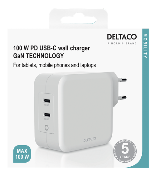 Deltaco USB-C wall charger with dual USB-C ports PD and GaN technology, 100  W, white - Eivind Aasnes
