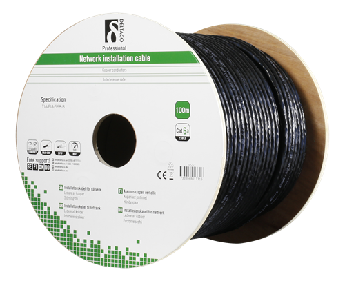 Deltaco S/FTP Cat6a installation cable, for outdoor use, 100m roll, 250MHz, Delta-certified, black