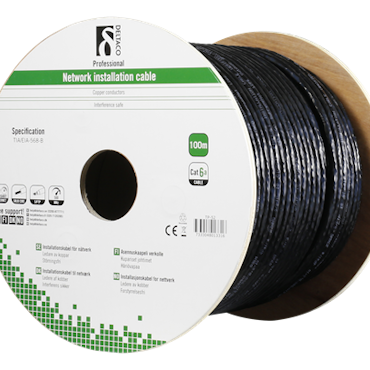Deltaco S/FTP Cat6a installation cable, for outdoor use, 100m roll, 250MHz, Delta-certified, black