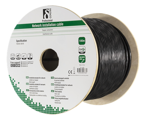 Deltaco U/FTP Cat6a installation cable for outdoor use, 100m drum, 500MHz, Delta certified, 23AWG, black