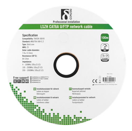 Deltaco U/FTP Cat6a installation cable, 100m, 500MHz, Delta-certified, LSZH, white