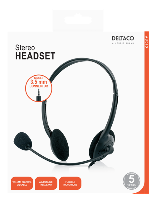 Deltaco Stereo headset, 30 mm element, 32 Ohm, 1x 3,5 mm (4-pin), 2 m kabel, svart