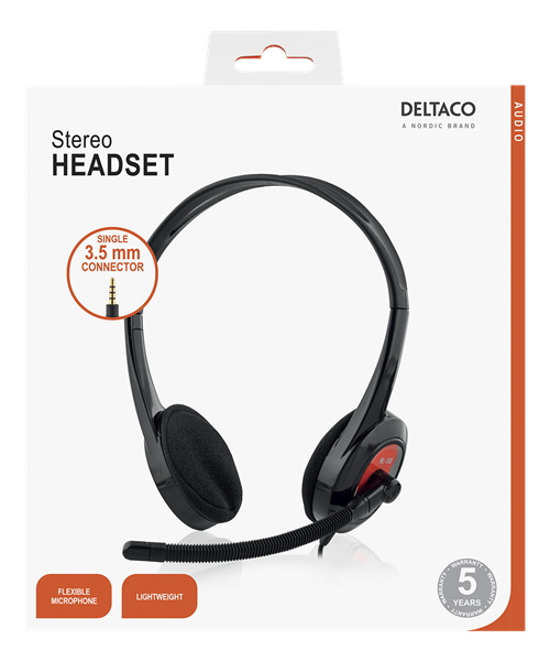 Deltaco Headset for Ultrabooks og nettbrett, 32 Ohm, 1x3,5mm 4-pin, 1,8m kabel, svart/rød