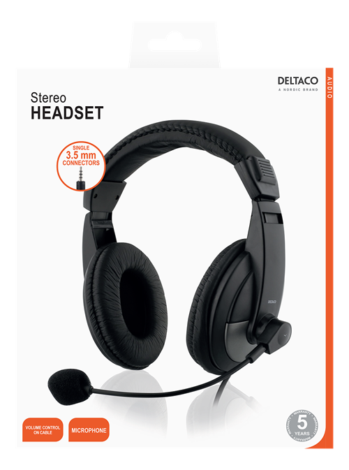 Deltaco Headset, 40mm element, 1x4-pin 3.5mm connector, black