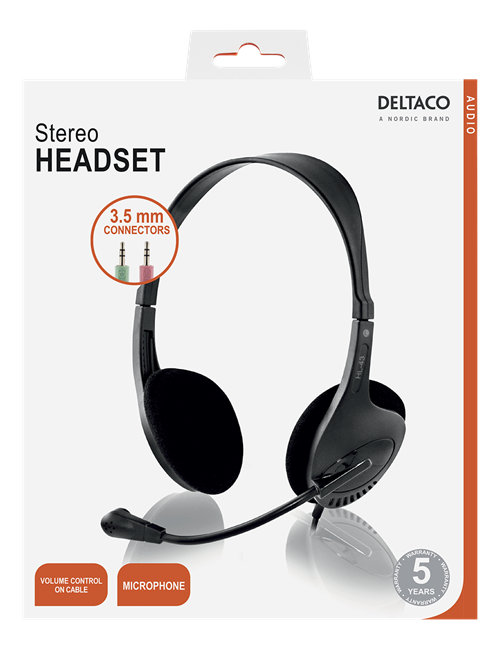 Deltaco Headset, 32 Ohm, volumkontroll på kabelen, 3,5mm, 2,5m kabel, svart