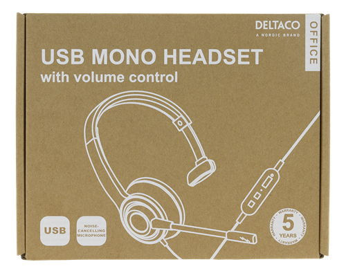 Deltaco Office USB mono headset, volume control, noise reducing mic, black