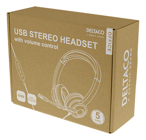 Deltaco Office USB stereo headset, volume control, noise reducing mic, black