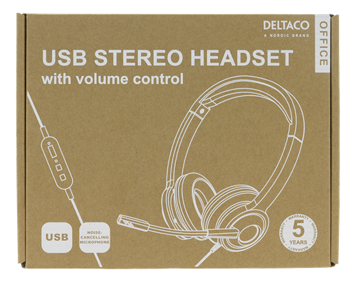 Deltaco Office USB stereo headset, volume control, noise reducing mic, black