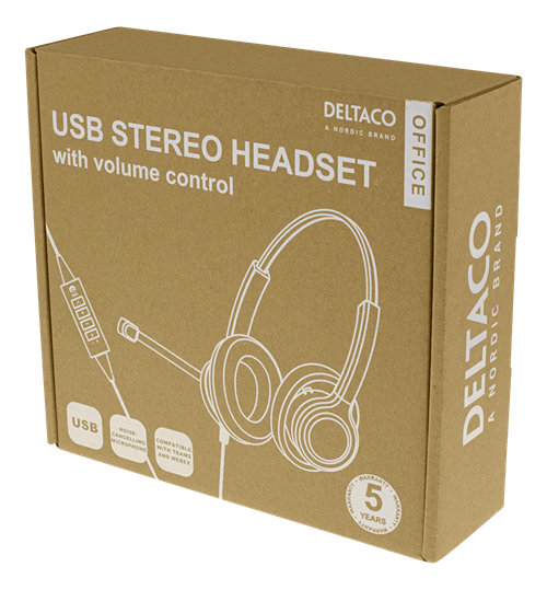 Deltaco Office USB stereo headset, Teams and Webex compatible, volume control, noise reducing mic, black