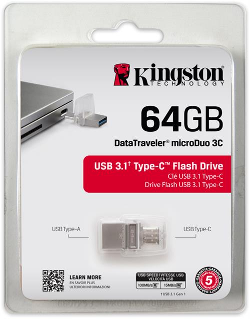 Kingston DataTraveler microDuo 3C, 64GB USB 3.1, USB-A og USB-C, gen 1, silver