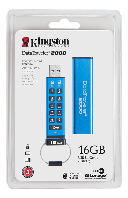 Kingston DataTraveler 2000, 16GB, 256-bit AES-kryptering, USB 3.1 Gen 1(USB 3.0) minne, blå/svart