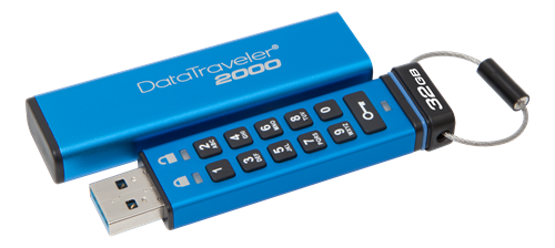 Kingston DataTraveler 2000, 32GB, 256-bit AES-kryptering, USB 3.1 Gen 1(USB 3.0) minne, blå/svart
