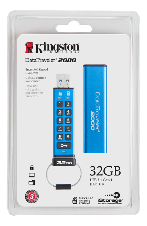 Kingston DataTraveler 2000, 32GB, 256-bit AES-kryptering, USB 3.1 Gen 1(USB 3.0) minne, blå/svart