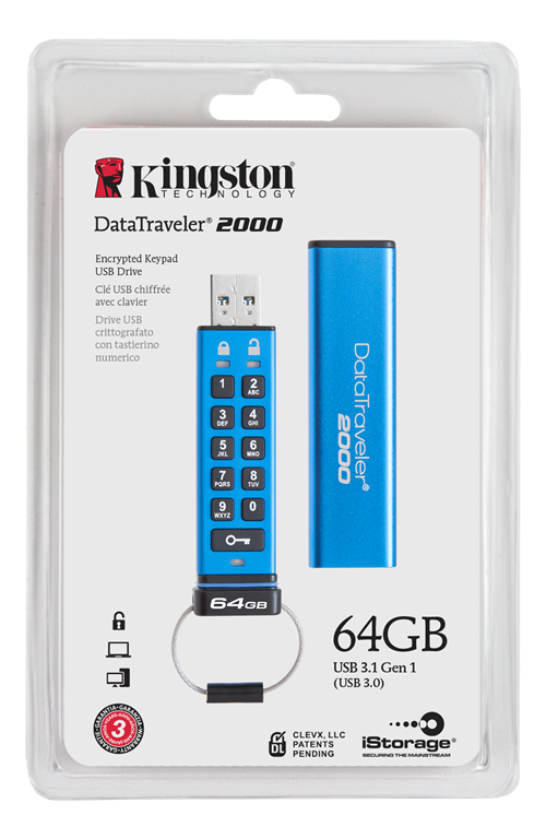 Kingston DataTraveler 2000, 64GB, 256-bit AES-kryptering, USB 3.1 Gen 1(USB 3.0) minne, blå/svart