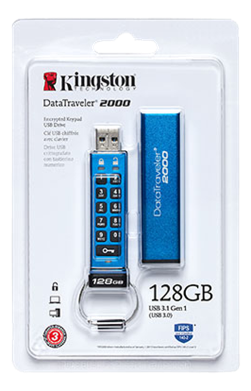 Kingston DataTraveler 2000, 128GB, 256-bit AES-kryptering, USB 3.1 Gen 1(USB 3.0) minne, blå/svart