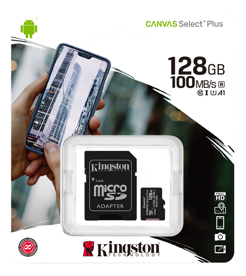 Kingston Canvas Select Plus MicroSDXC, 128GB, Class 10 UHS-I, incl. adapter, black