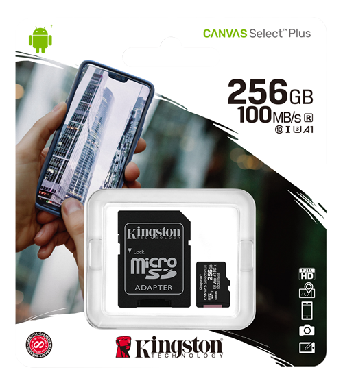 Kingston Canvas Select Plus MicroSDXC, 256GB, Class 10 UHS-I, incl. adapter, black