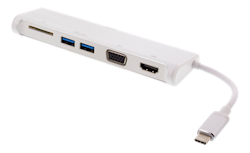 Deltaco USB-C hub, 1x HDMI 4K at 30Hz, 1x VGA, 2x USB-A 3.1, 1x SD-card reader, white