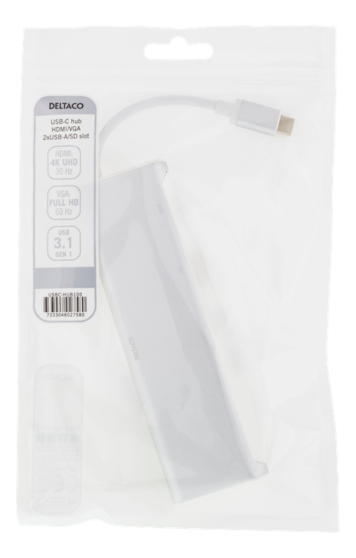 Deltaco USB-C hub, 1x HDMI 4K at 30Hz, 1x VGA, 2x USB-A 3.1, 1x SD-card reader, white