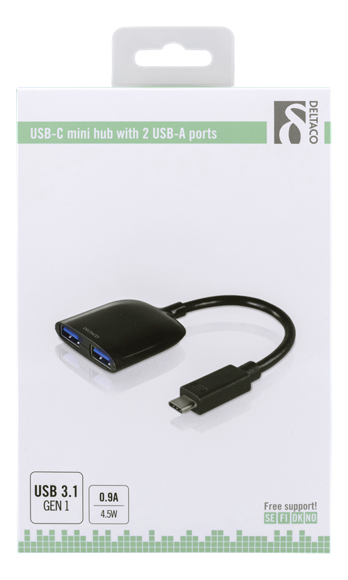 Deltaco USB-C hub, 2x USB-A ports, USB 3.1 Gen 1 5Gbps, 0,9A, retail box, 0.1m cable, black