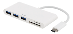 Deltaco USB 3.1 Gen 1 hub, USB-C male to 3xUSB Type A female, SD-card reader, microSD-card reader, white