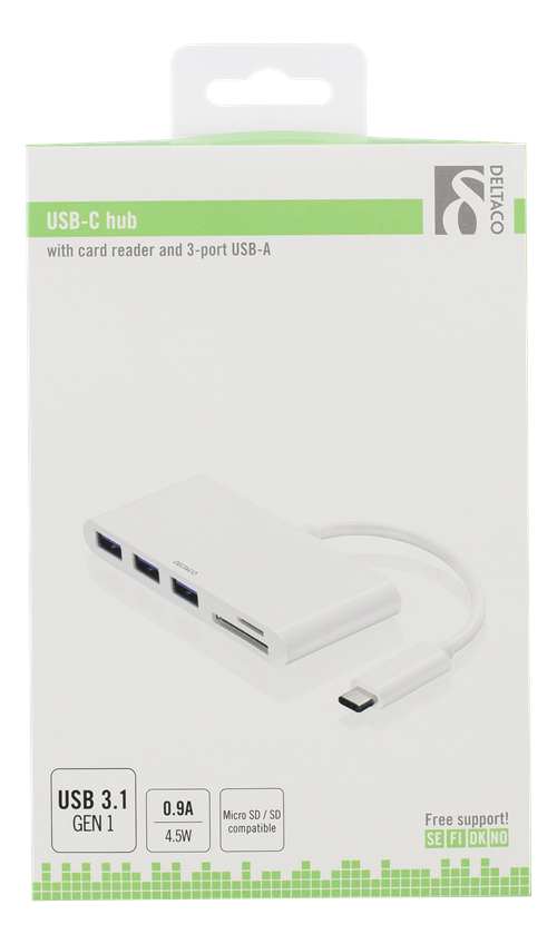 Deltaco USB 3.1 Gen 1 hub, USB-C male to 3xUSB Type A female, SD-card reader, microSD-card reader, white