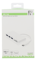 Deltaco USB 3.1 Gen 1 hub, USB-C male to 3xUSB Type A female, SD-card reader, microSD-card reader, white