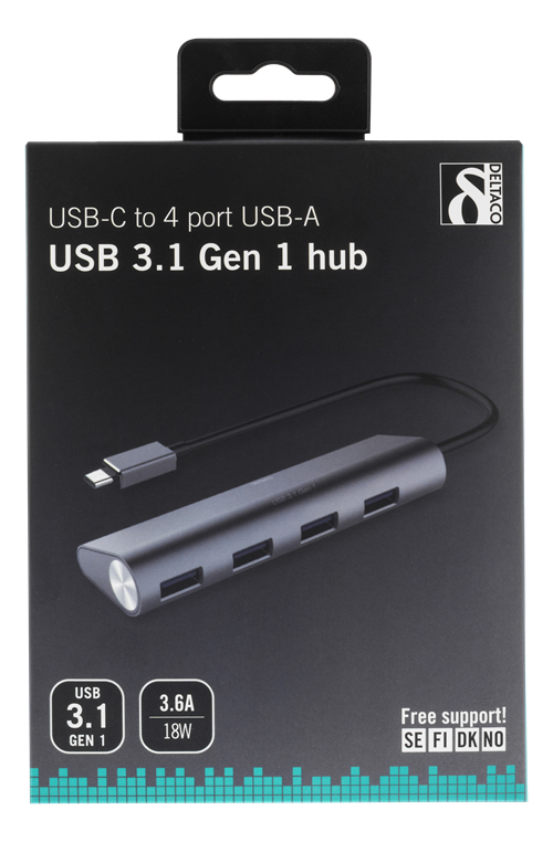 Deltaco 4-porters USB-hub, 18W 3,6A, USB 3.1 Gen1, 1xUSB-C Ha, 4xUSB-A Ho, GL3520 Chipset, aluminium, svart