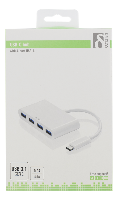 Deltaco USB 3.1 Gen 1 hub, USB-C male to 4xUSB Type A female, white