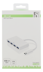 Deltaco USB 3.1 Gen 1 hub, USB-C male to 4xUSB Type A female, white