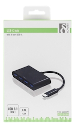 Deltaco USB 3.1 Gen 1 hub, USB-C male to 4xUSB Type A female, black