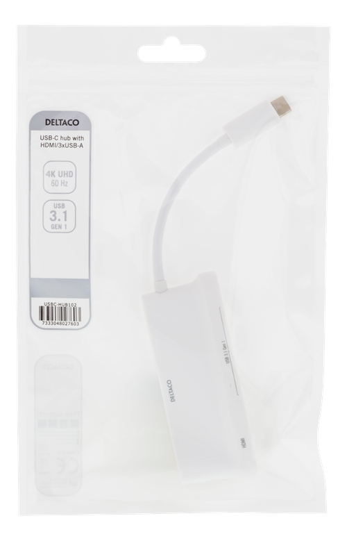 Deltaco USB-C hub, 1x HDMI 4K at 30Hz, 3x USB-A 3.1, white