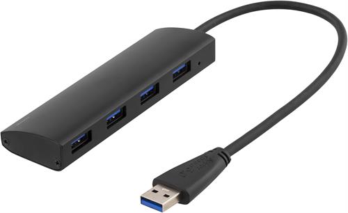 Deltaco USB 3.1 Gen 1 adapter, 4xTyp A inn, aluminium, 0,3m, svart
