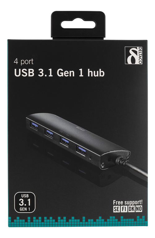 Deltaco USB 3.1 Gen 1 adapter, 4xTyp A inn, aluminium, 0,3m, svart