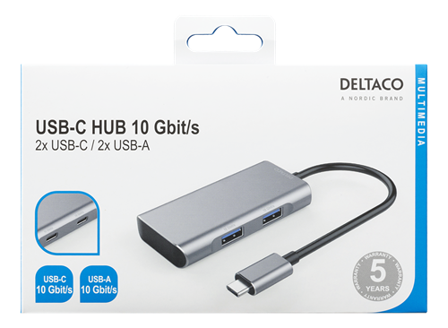 Deltaco USB hub, USB-C ha for 2xUSB-C ports and 2xUSB-A ports, 10Gb/s, space gray