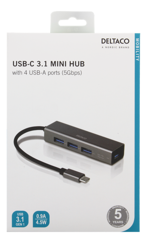 Deltaco USB-C Mini Hub with 4 USB-A ports, USB 3.1 Gen 1, space grey