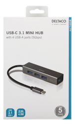 Deltaco USB-C Mini Hub with 4 USB-A ports, USB 3.1 Gen 1, space grey
