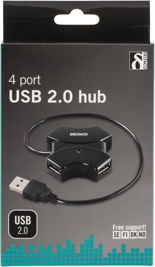 Deltaco USB 2.0 hub, 4xType A porter, 0,25m, svart